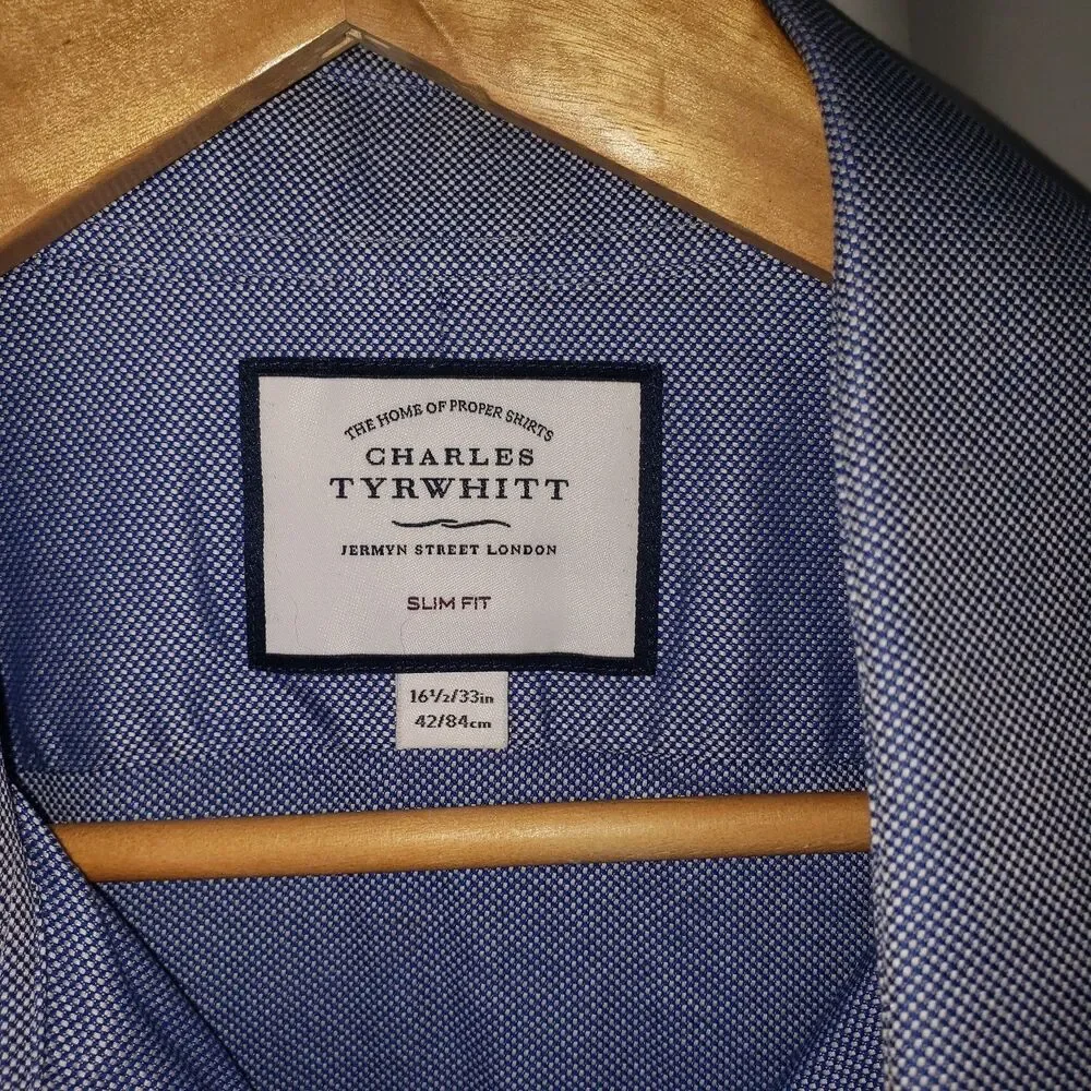 CHARLES TYRWHITT Blue and White Slim Fit Dress Shirt Mens Size 16.5 33IN
